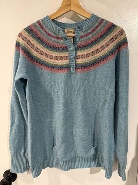 L.L. Bean Vintage Light Blue Fair Isle 100% Wool Sweater